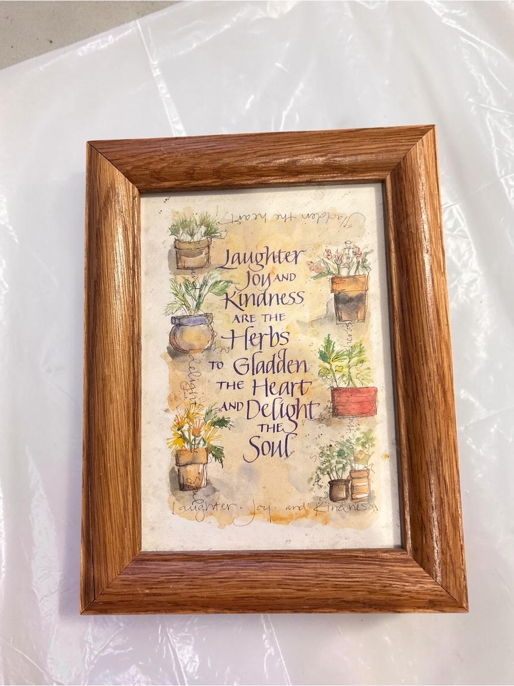 Vintage Framed Herb Kitchen Print Laughter Joy Kindness Wood Farmhouse